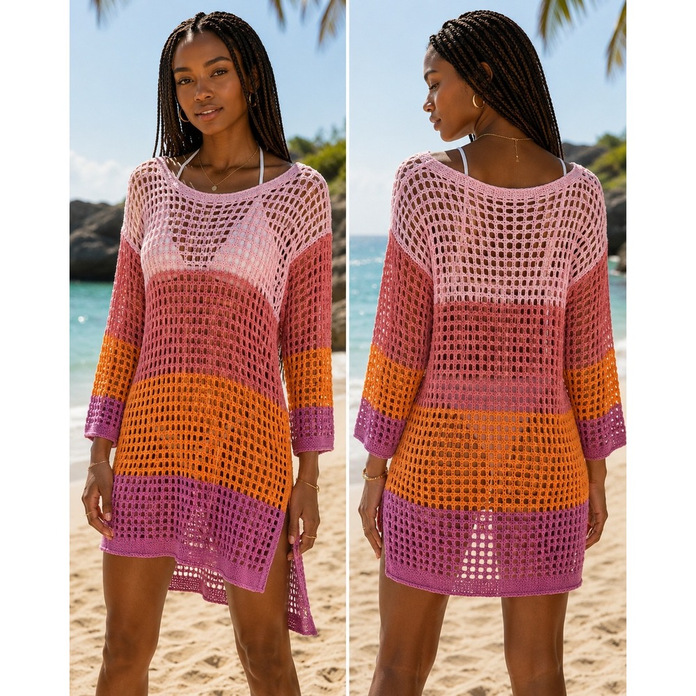 Francesca's Colorblock Open Knit Crochet Sweater Pink Orange S/M‎ NWT